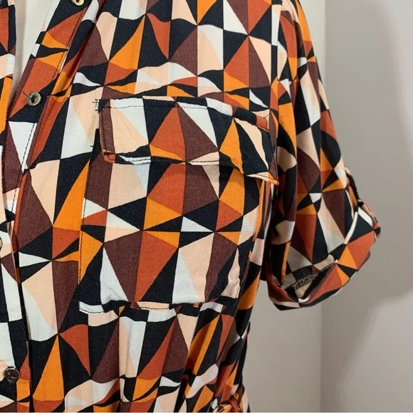 Dorothy Perkins Shirt Dress Orange Black Geometric Print Belted Rolled Sleeve 12 - Picture 8 of 13